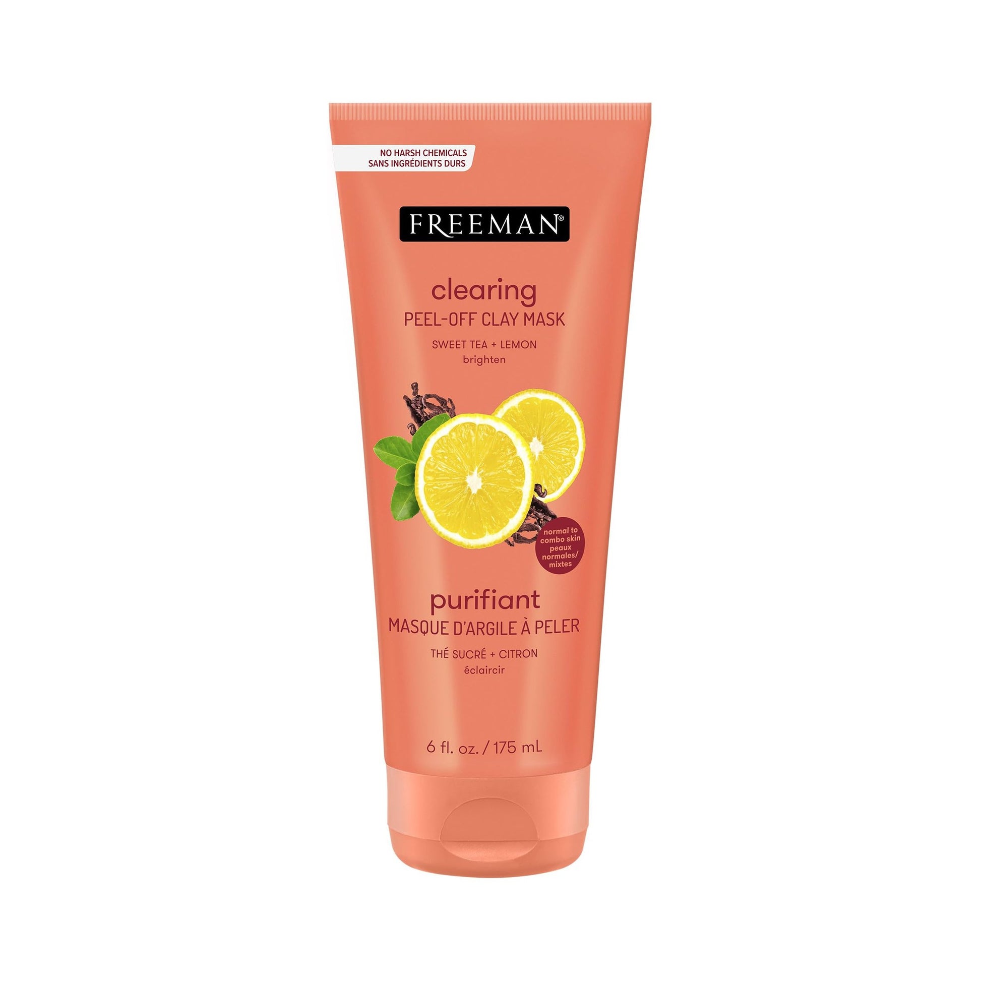 Freeman Clearing Peel-Off Clay Mask, Brightening & Toning Facial Mask, Tea & Lemon Help Even Skin, Antioxidant Rich, Clay Face Mask For Breakouts, Cruelty-Free & Vegan, 6 fl. oz./175 ml Tube, 1 Count - Medaid International