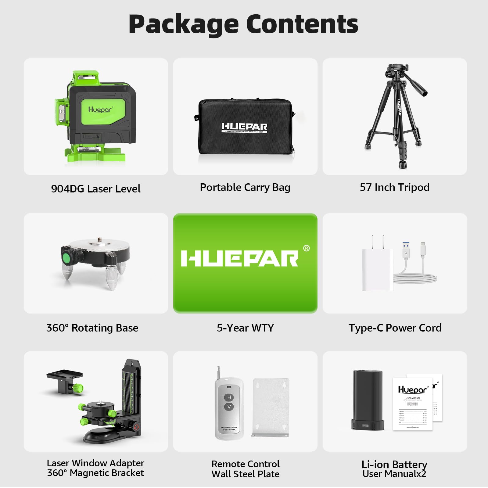 Huepar Laser Level 4x360 Self Leveling with 60" Tall Tripod, 4D Green Cross Line Lazer Leveler Tool with Outdoor Pulse Mode, 16 Lines Great for Tiling, Ceiling, Wall Work & DIY Home Renovation - Medaid International