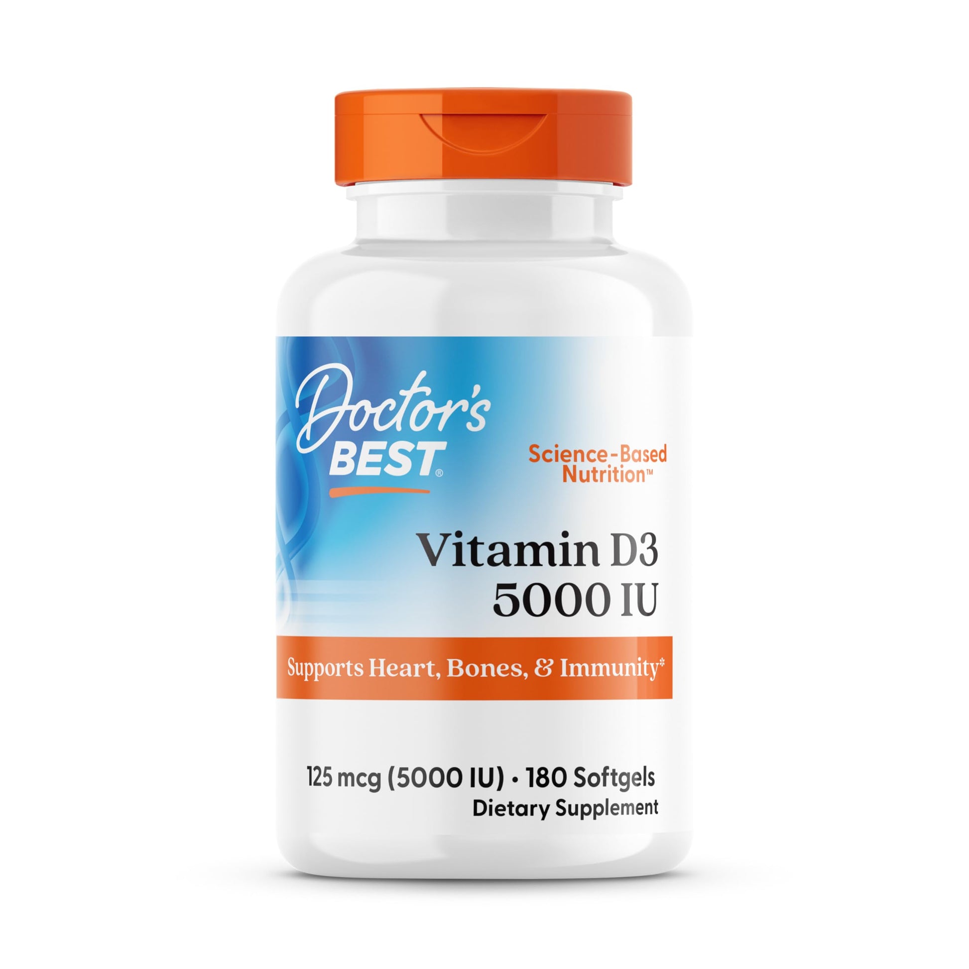 Doctor's Best Vitamin D3 5000IU, Non-GMO, Gluten & Soy Free, Regulates Immune Function, Supports Healthy Bones, White, No Flavour, 180 Count - Medaid International
