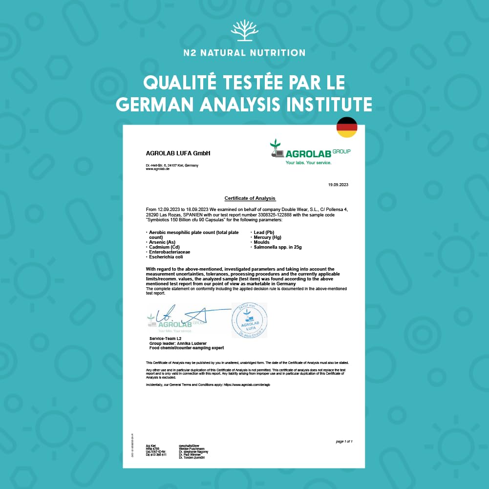 Probiotique Flore Intestinale 150 Milliards UFC, 20 Souches de Bactéries + Zinc + Inuline. Probiotiques pour la Régénération Digestive et Microbiote. 90 gélules, Végétalien. N2 Natural Nutrition - Medaid International