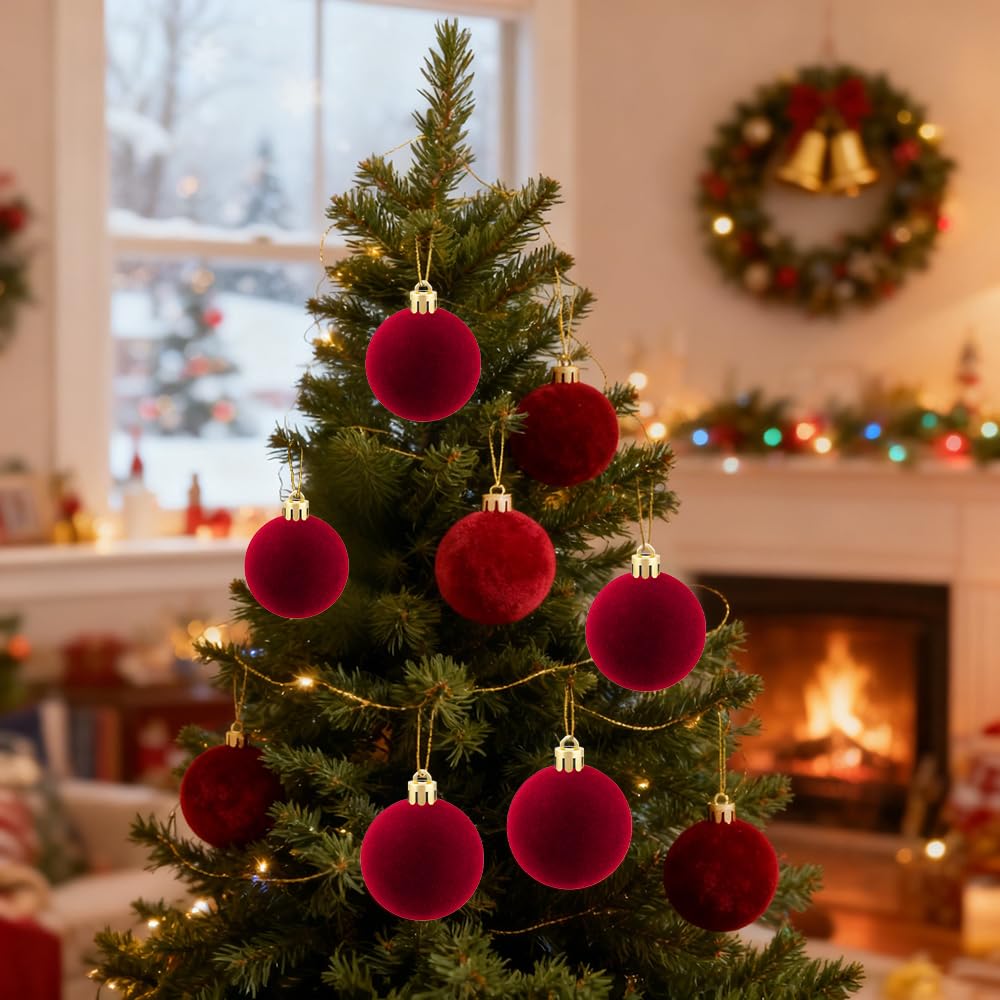 8Pcs Velvet Christmas Balls Bulk Flocked Hanging Ornaments, Drops & FinialsTree Ball Ornaments Xmas Decorative Pendants, Idea Decorations for Christmas Tree, Wreath, Garland, Home Festive(Red) - Medaid International