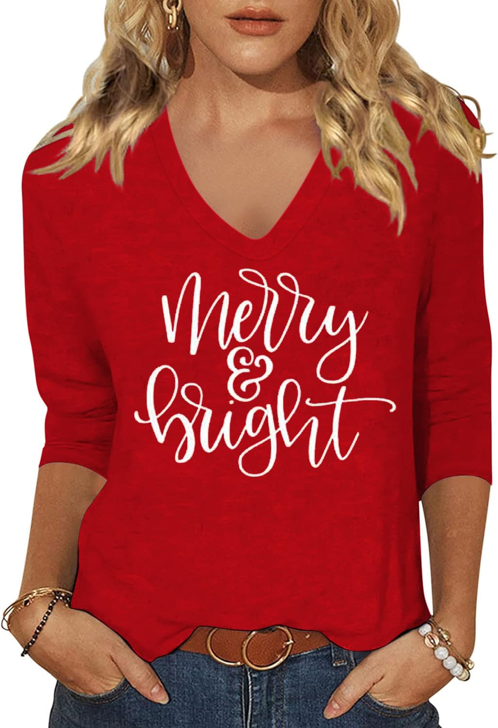 Women's Merry Bright V Neck Shirt Christmas Funny Letter Printed Graphic 3/4 Sleeve Tee Xmas Winter Holiday Family Party Matching Tops(M,B-Red-1) - Medaid International