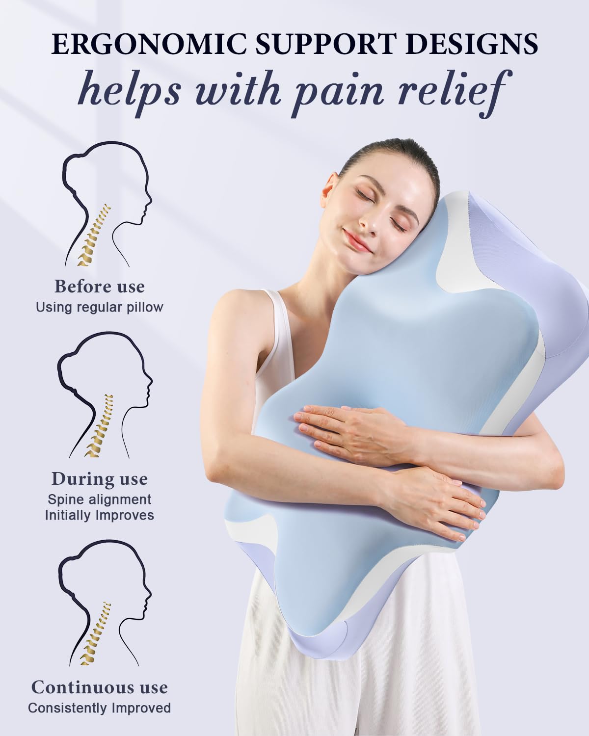 Cervical Pillow for Neck Pain Relief, Cooling Ergonomic Memory Foam Pillows for Sleeping with Luxury Anti-pilling Pillowcase, Contour Orthopedic Neck Support Pillow for Side Back Stomach Sleepers-Blue - Medaid International