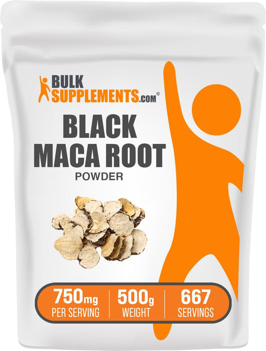 BulkSupplements.com Black Maca Powder - Black Maca Root Supplement, Herbal Supplement for Men & Women - Vegan, Gluten Free, 750mg per Serving, 500g (1.1 lbs) (Pack of 1) - Medaid International