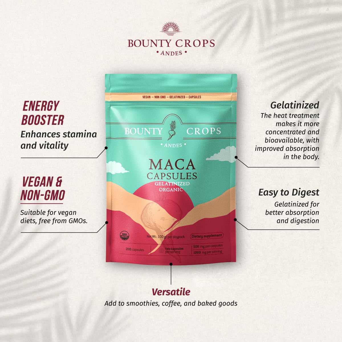 Bounty Crops Organic Maca Powder CAPSULES-1000 mg per Serving, Gelatinized, Non-GMO, 200 Vegan Capsules, Black, Red, and Yellow Peruvian Maca, Energy and Vitality Support. - Medaid International