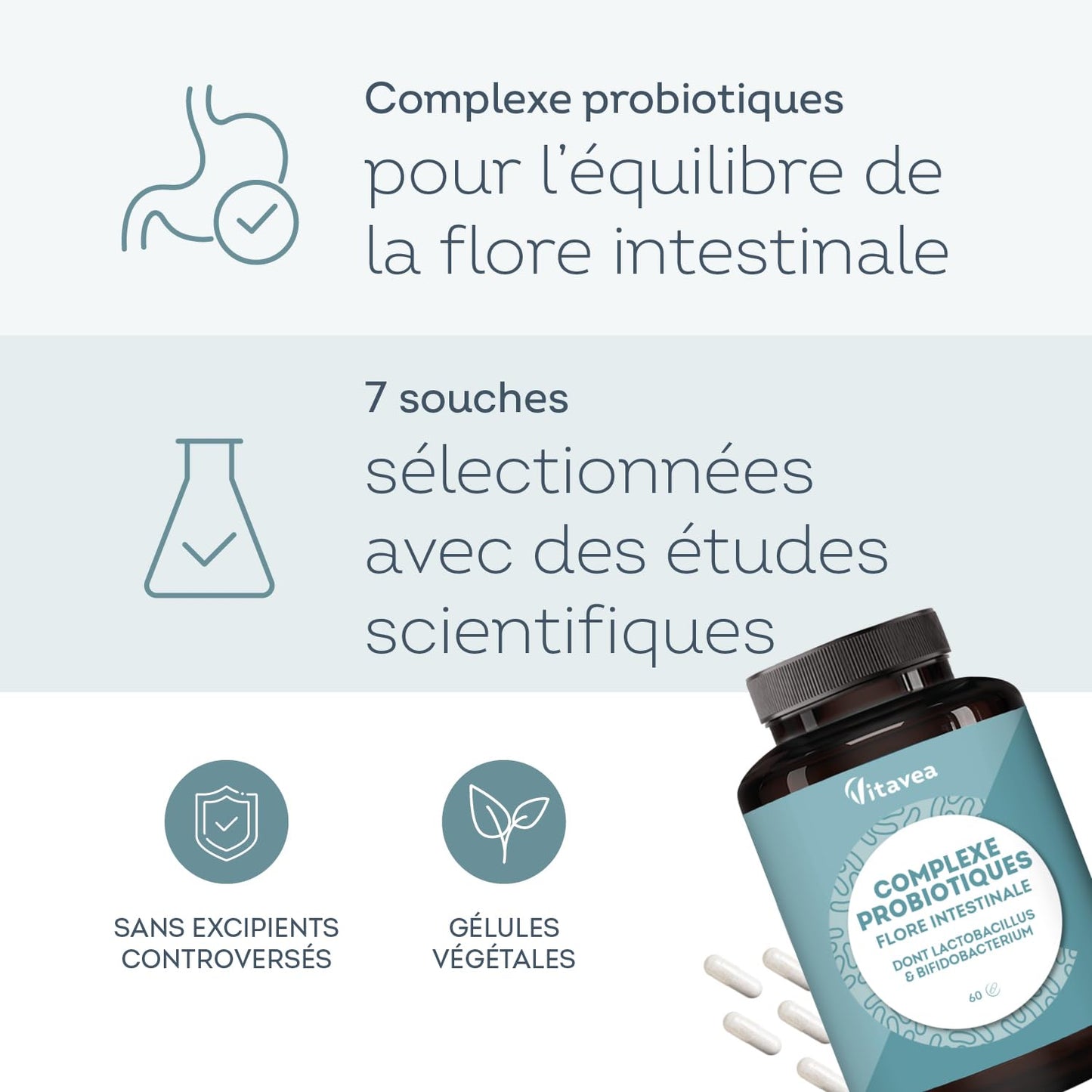 Probiotique Flore Intestinale - 7 souches dont Lactobacillus & Bifidobacterium - 28 Milliards d'UFC/jour - Transit & Microbiote Intestinal - 60 Gélules Végétales – Fabriqué en France - Vitavea - Medaid International