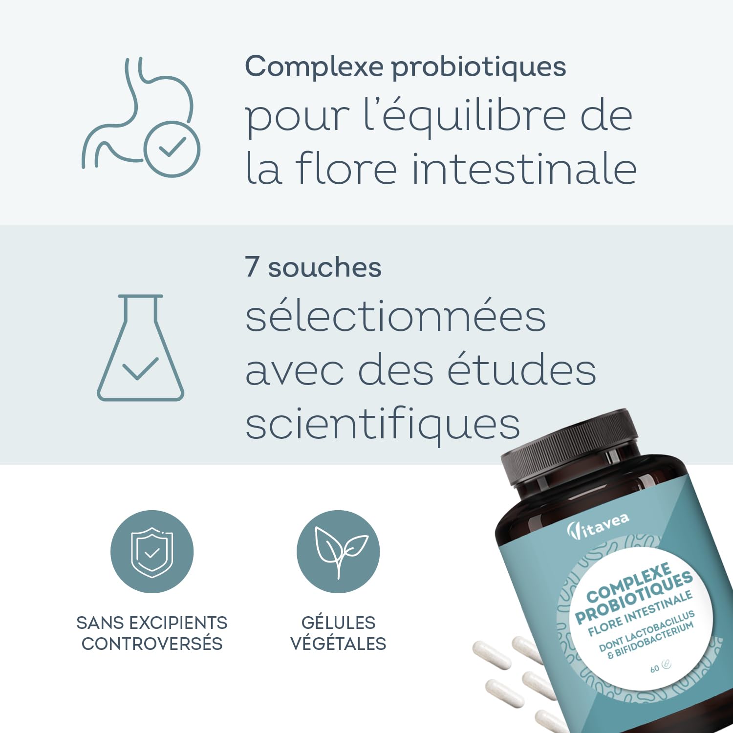 Probiotique Flore Intestinale - 7 souches dont Lactobacillus & Bifidobacterium - 28 Milliards d'UFC/jour - Transit & Microbiote Intestinal - 60 Gélules Végétales – Fabriqué en France - Vitavea - Medaid International