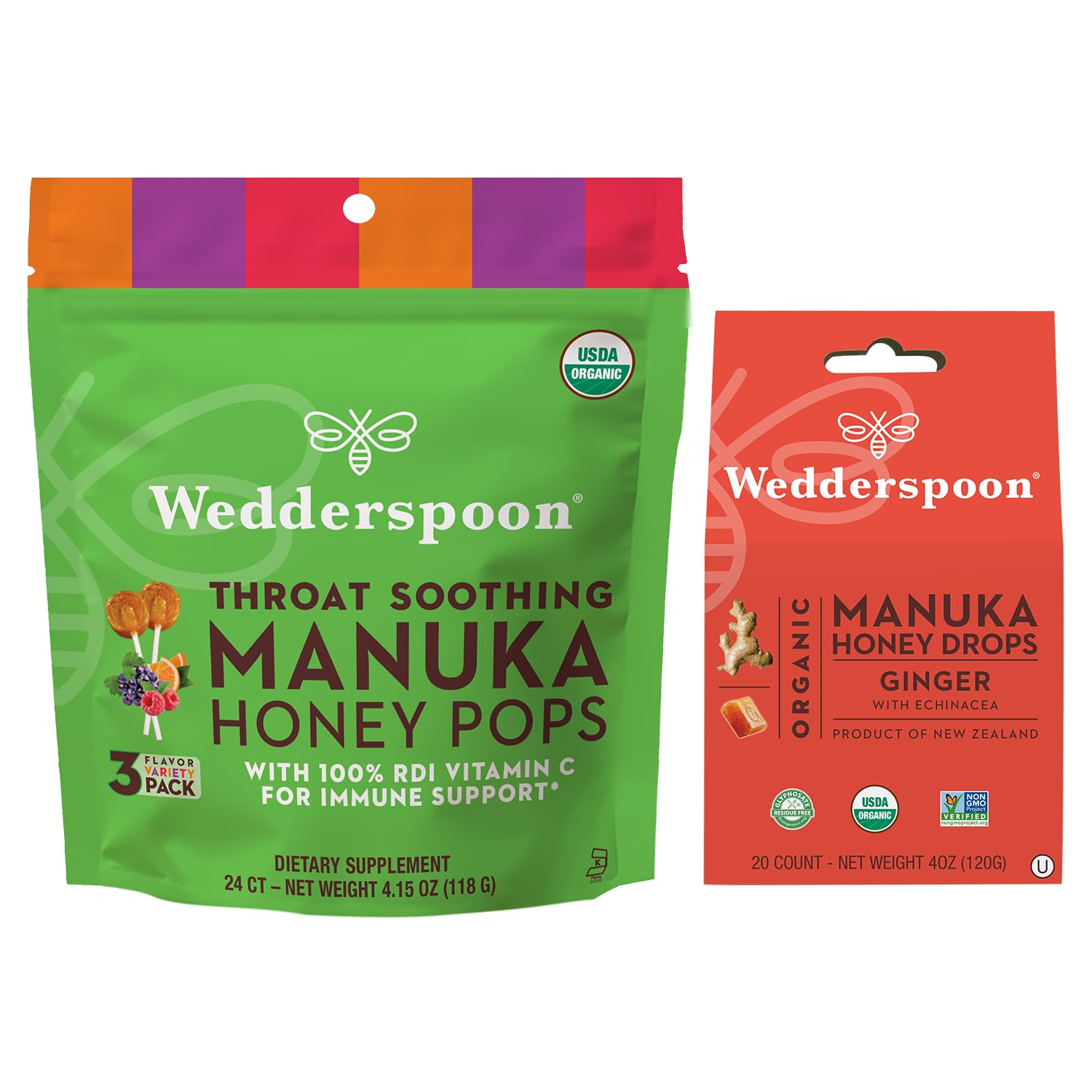 Wedderspoon Organic Manuka Honey Lollipops Variety Pack (24 Count, Pack of 1) and Manuka Honey Drops Ginger & Echinacea (20 Count, Pack of 1) -Genuine New Zealand Honey, Perfect Remedy For Dry Throats - Medaid International