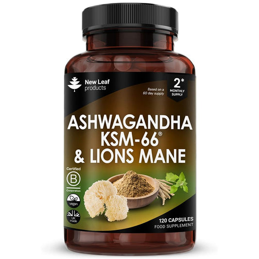 Ashwagandha KSM-66 and Lions Mane Capsules - High Strength 2000mg KSM-66 Ashwaghandha Root Extract and Lions Mane Mushroom Extract - 120 Vegan Capsules with Black Pepper - UK Made by New Leaf - Medaid International