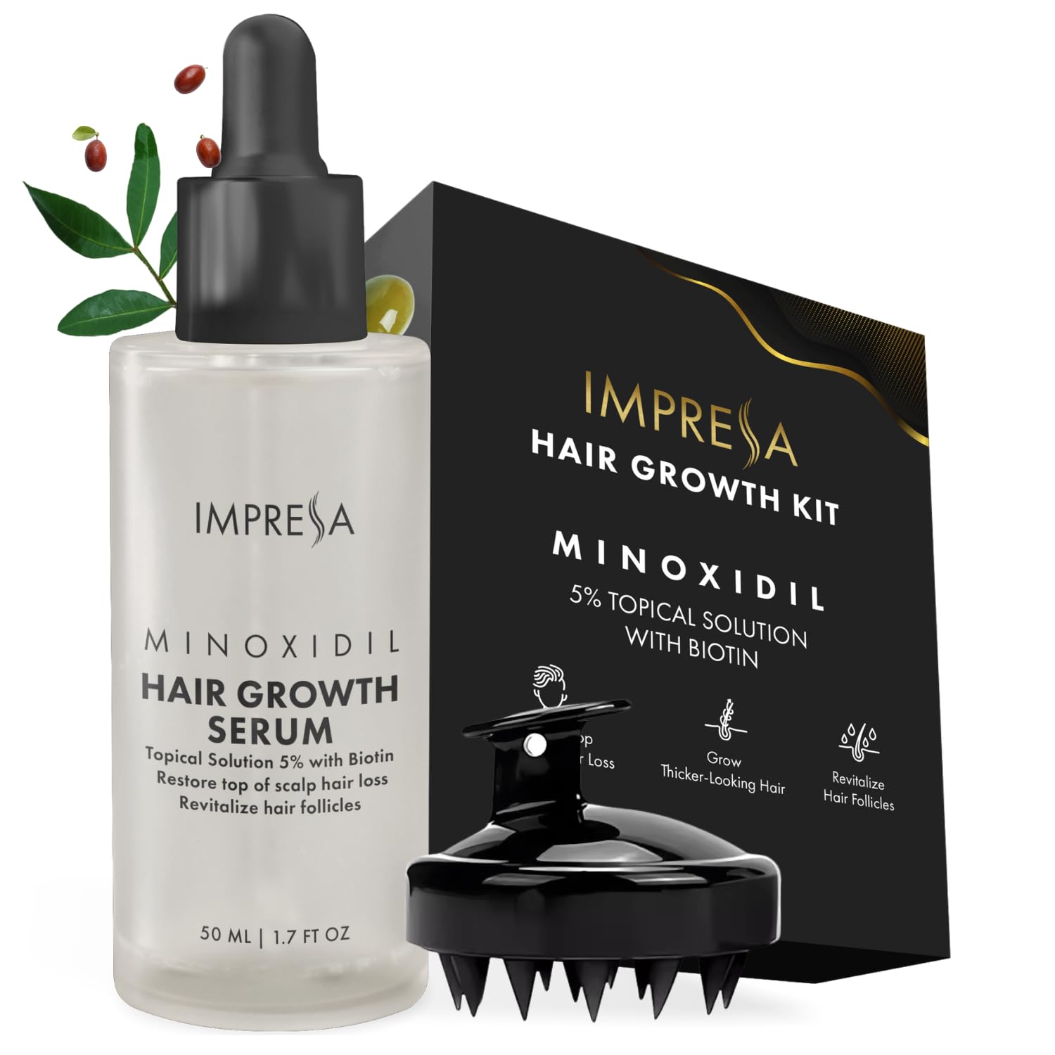 IMPRESSA Hair Growth Kit, 5% Minoxidil with Biotin and Natural Oil, Hair Regrowth for Men and Women, Hair Loss Treatments, Scalp Massager, 1.7 Fl Oz, Unisex Adult - Medaid International
