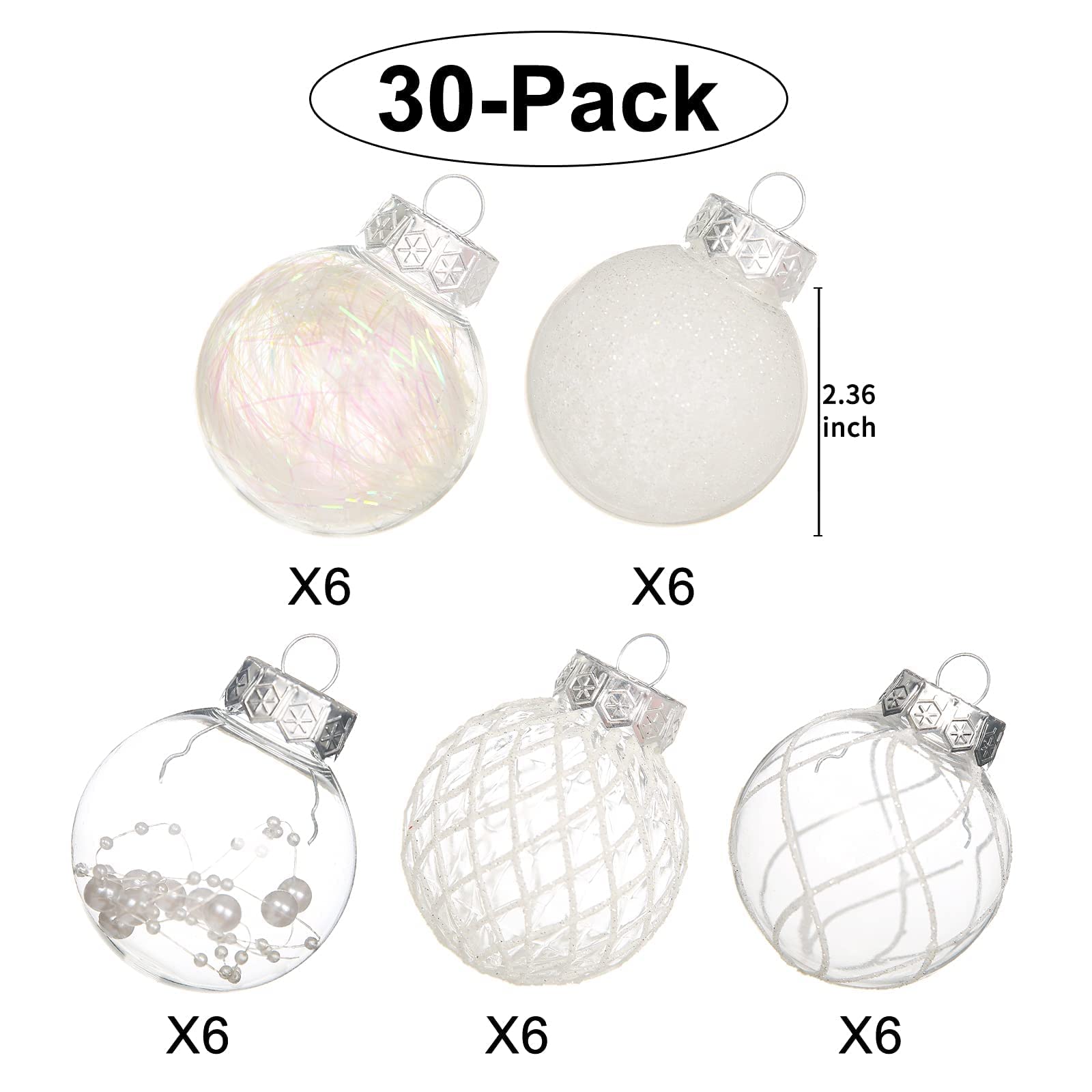 Clear Christmas Ball Ornaments, 30ct 2.36 Inch White Christmas Ornaments Balls for Christmas Tree with Delicate Stuff Shatterproof Hanging Xmas Tree Baubles Decorations for Wedding Christmas - Medaid International