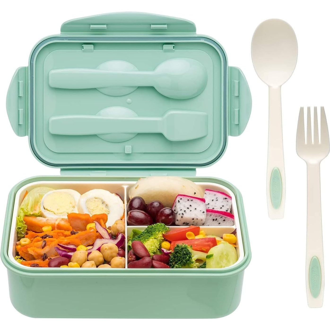 YumLock Bento Box, 3 Compartments 1400ml Lunch Box For Kids and Adults with Reusable Spoon and Fork, Leakproof Food Container for On the Go Meal, Microwave Safe (Khaki) - Medaid - Lebanon