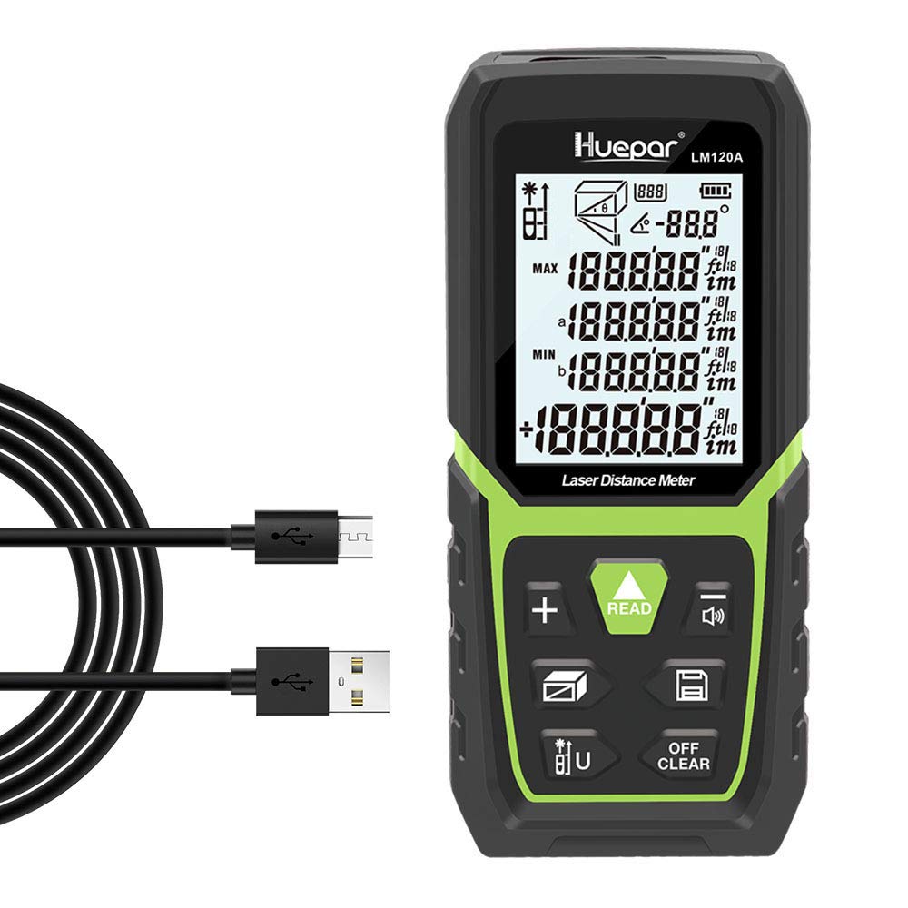 Huepar Laser Distance Meter 393Ft with Li-ion Battery & Electric Angle Sensor, Backlit LCD Laser Measure M/in/Ft with High Accuracy Multi-Measurement Modes, Pythagorean, Distance, Area&Volume - Medaid International