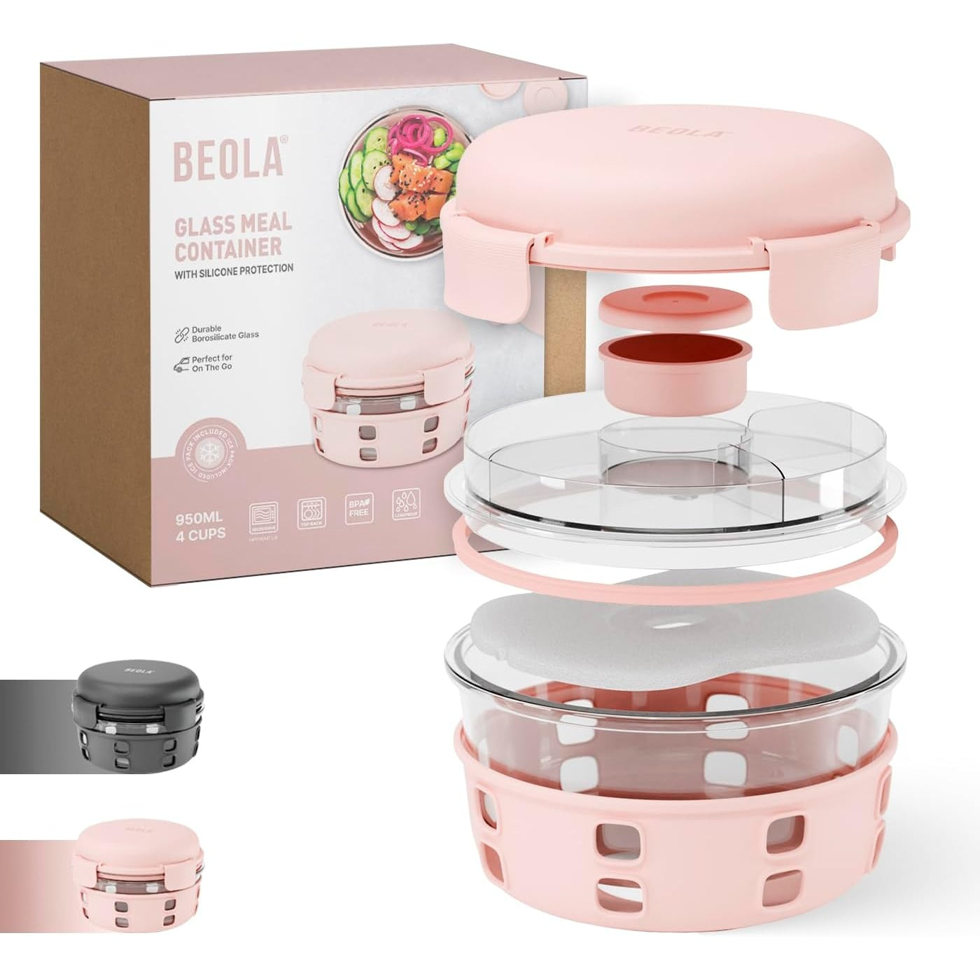 BEOLA Lunch Box, Food Container with Ice Pack, Sauce Cup, 3 Compartment Tray, Borosilicate BPA Free Glass Salad Bowl with Silicone Protection, Freezer, Dishwasher, Microwave Safe, 950ml(Blush Pink) - Medaid