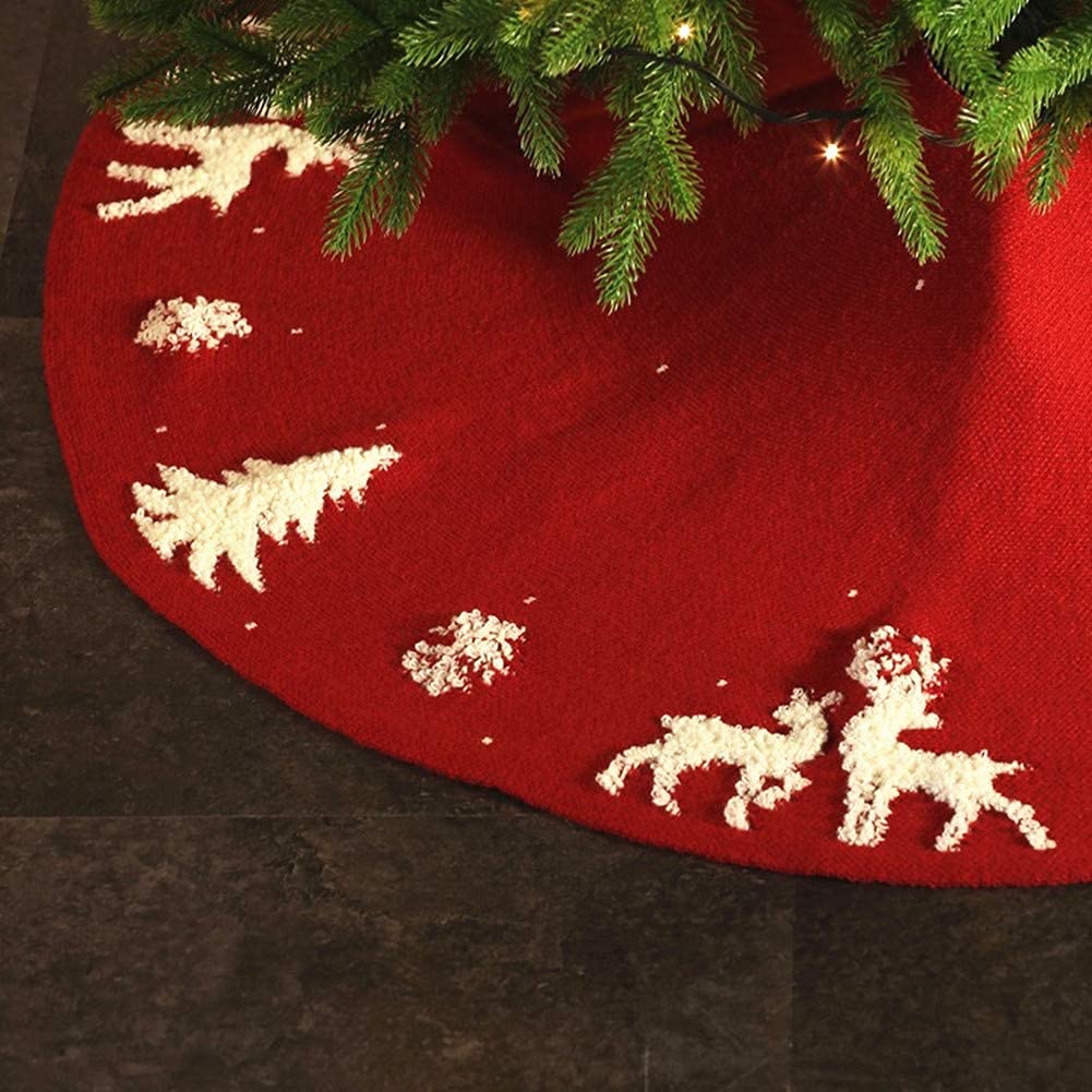 Dremisland Christmas Tree Skirt, Cable Knit Knitted Thick Rustic Tree Skirt for Xmas Holiday Decoration- 3D Elk and Christmas Tree (36in, Red) - Medaid International