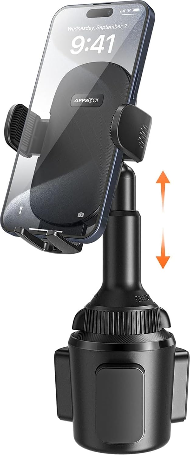 APPS2Car Universal Car Cup Phone Holder | Quick Extension Long Arm | 360° Swivel | Adjustable for iPhone, Samsung, Google, and All Smartphones | Stable & No Shake Design - Medaid International