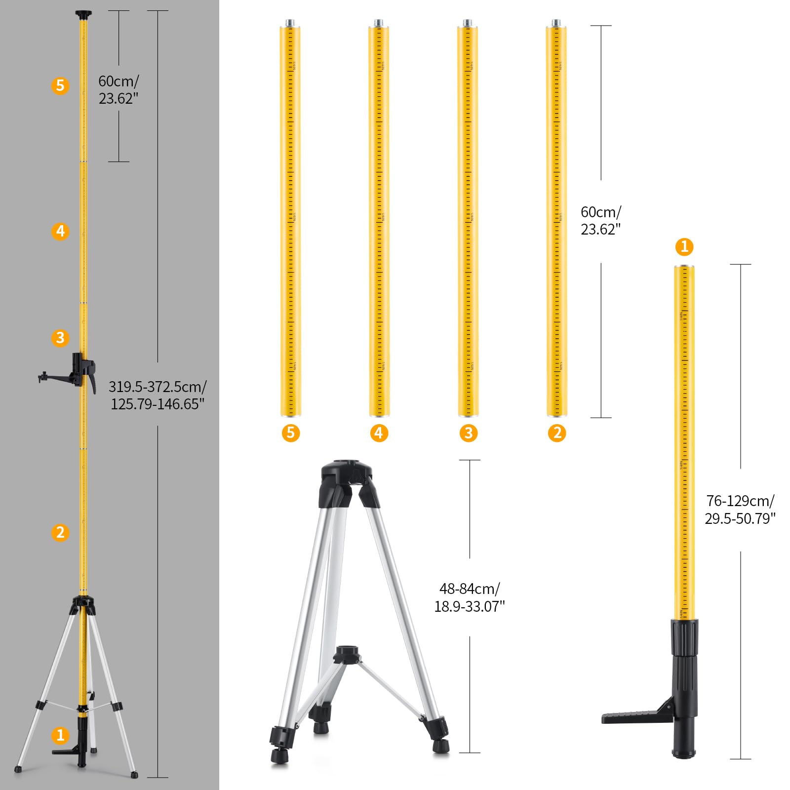 Firecore 12 Ft./3.7M Professional Laser Level Pole with Tripod and 1/4-Inch by 20-Inch Laser Mount for Rotary and Line Lasers, Adjustable Telescoping Laser Pole with 5/8"-11 Threaded Adapter-FLP370C - Medaid International