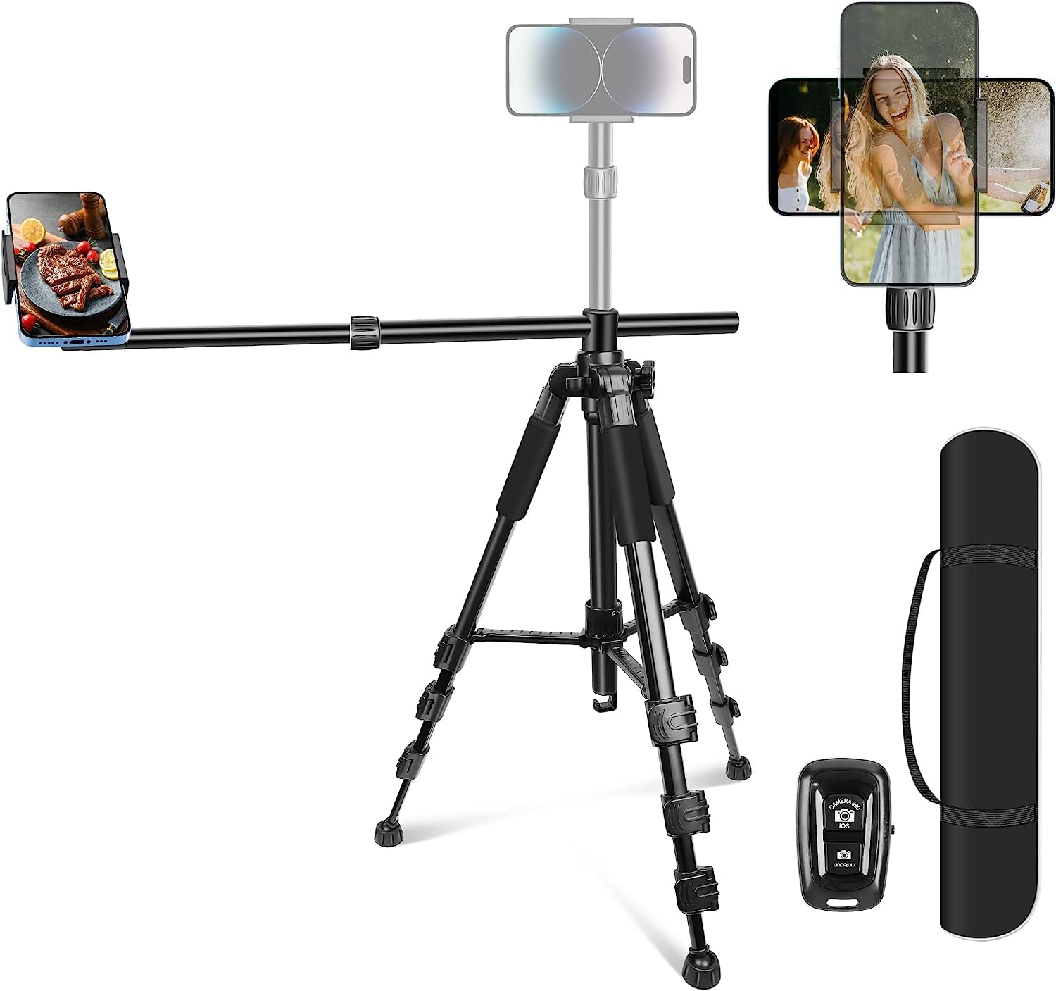 Elitehood iPhone Tripod for Overhead Video Recording [Heavy Duty & Ultra-Stable], 25in Horizontal Long Extendable Boom, 360° Rotation iPhone Tripod Stand with Remote, Vertical 71" Tall Phone Stand - Medaid International