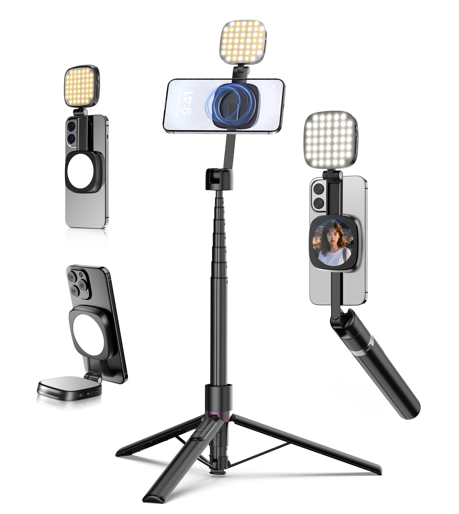 TONEOF 173cm Magnetic Mobile Phone Tripie with Light, 360° Rotating Selfie Stick Tripod, Mobile Phone Tripod with Metal Ring and Remote Control, Video Kit Compatible with iPhone and Android - Medaid International