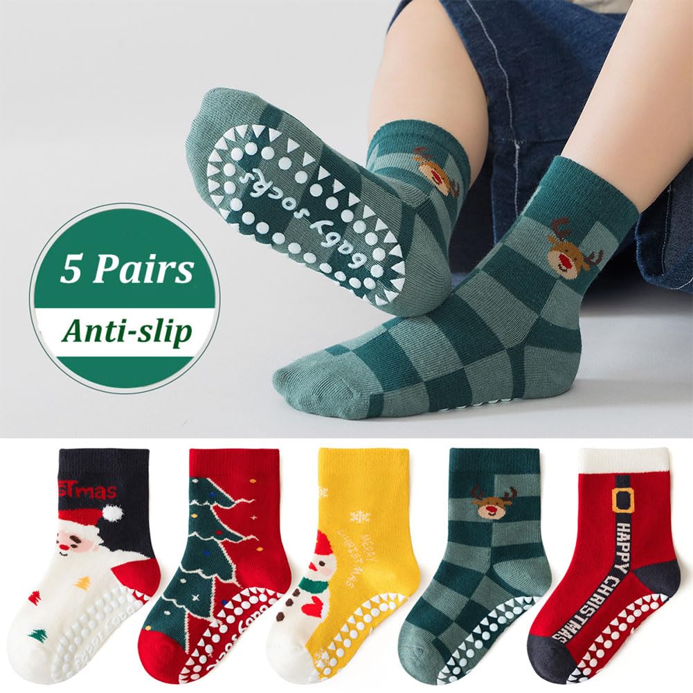 WATOCHE Kids Christmas Socks Toddler Nonslip Grip Christmas Xmas Socks for Baby Holiday Winter Warm for Boys/Girls(Nonslip Tree Set,1-3T) - Medaid International