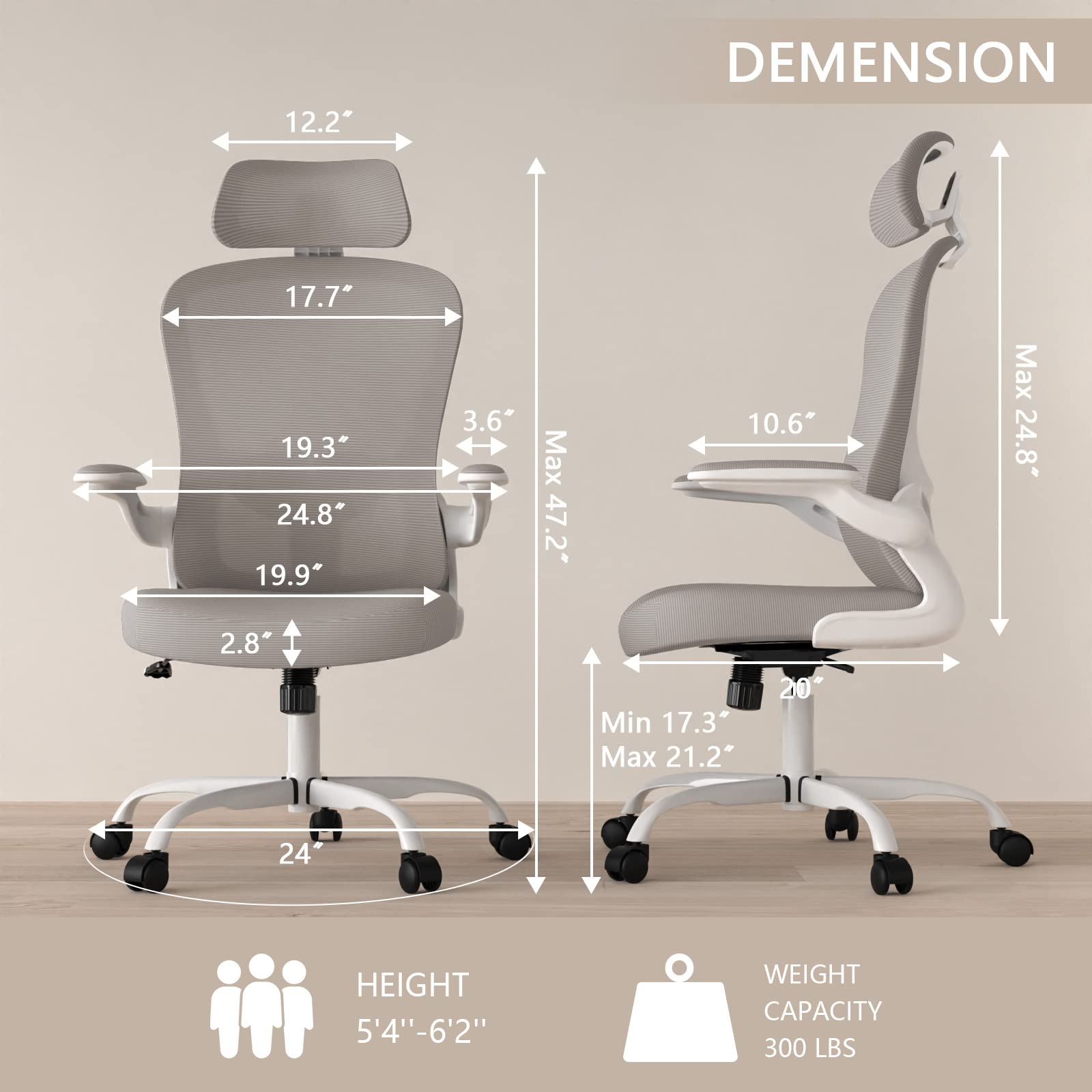 Office Chair, High Back Ergonomic Desk Chair, Breathable Mesh Desk Chair with Adjustable Lumbar Support and Headrest, Swivel Task Chair with flip-up Armrests, Executive Chair for Home Office - Medaid International