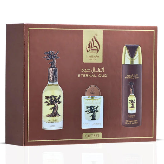 Lattafa Pride Eternal Oud 3-Piece Luxury Perfume Gift Set for Men & Women - Luxe Arabian Perfume | Lush Fruits, Powdery Florals & Smoky Oud | Opulent, Long-Lasting & Unisex Fragrance (Gift Set) - Medaid International