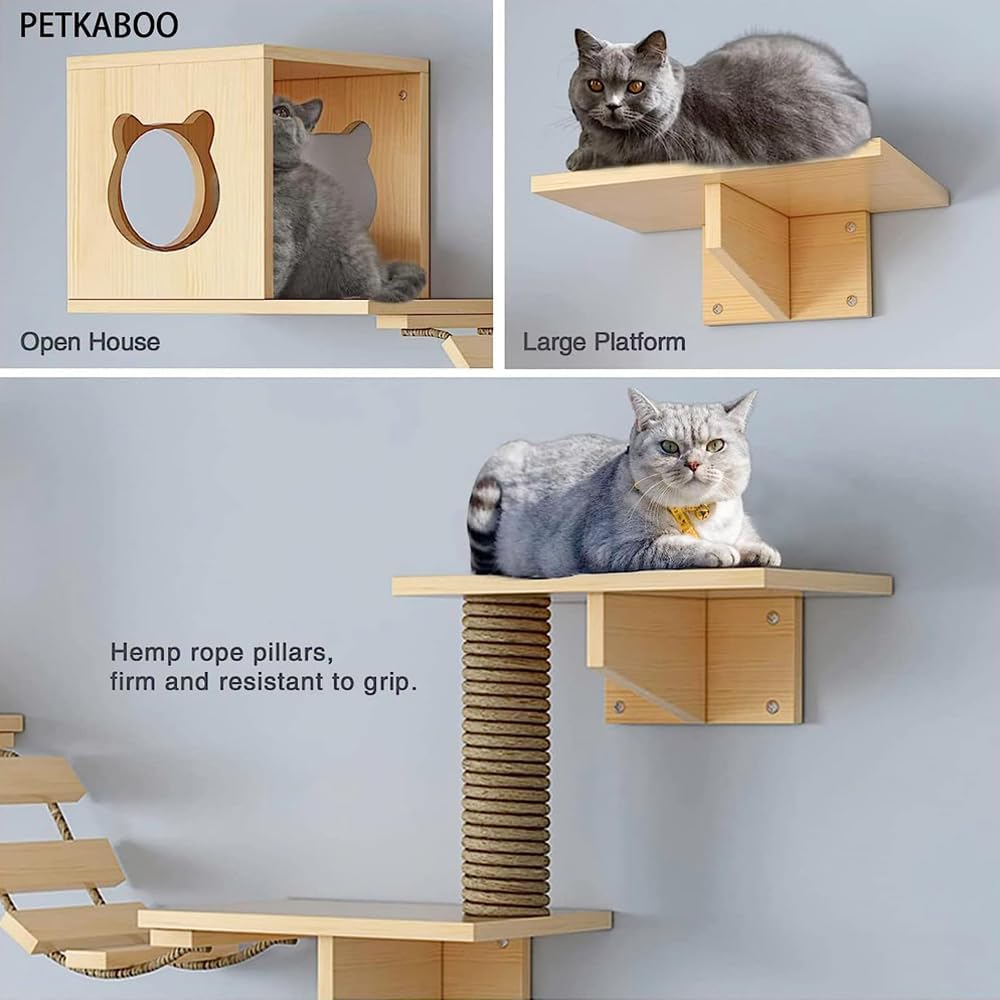 NeoStyle 9 Pcs Wall Shelf Set - Cat Furniture With 4 Shelves, 2 Houses, 2 Ladders and Scratching Post - Floating Wooden Climbing Perch - Medaid International
