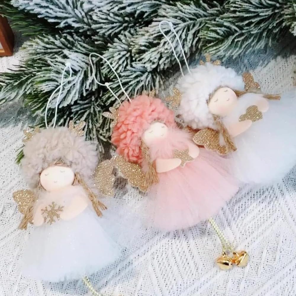 1PC Christmas Plush Angel Doll Christmas Tree Pendant Decoration with Bell Festive Home Xmas Decoration Gifts,16 * 10cm (Pink) - Medaid International