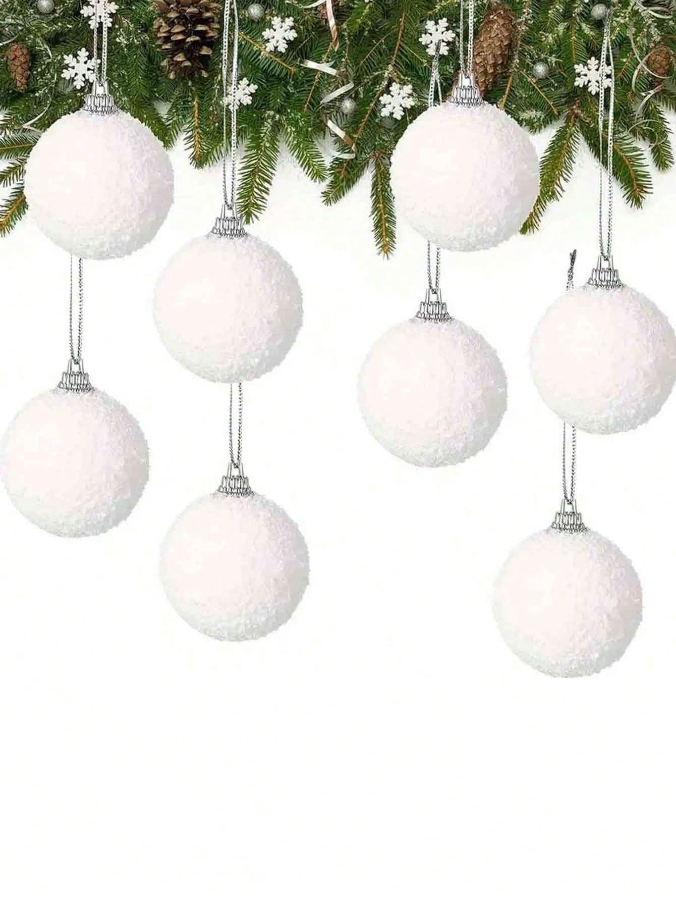6pcsChristmas White Flocked Ball Ornaments, Snowy Textured Baubles for Tree Decor, Holiday Wreaths, Party & Gift Wrap, Infuse Winter Charm into Christmas Decorations - Medaid International