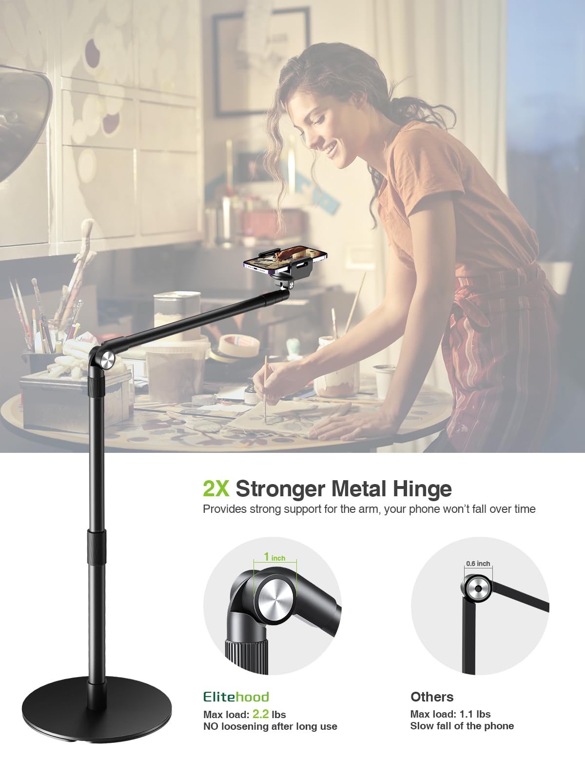 elitehood Heavy Duty Aluminum Overhead Phone Stand, 15 in Long Arm iPhone Holder for Video Recording, 360 Degrees Swivel Tilt Overhead Phone Mount for Filming, Meeting, Cooking, Painting and Crafting - Medaid International
