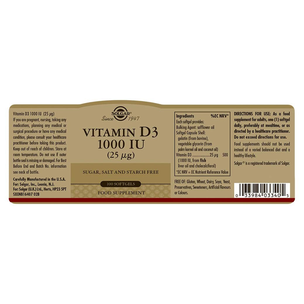 Solgar Vitamin D3 (Cholecalciferol) 25 mcg (1000 IU), 100 Softgels - Helps Maintain Healthy Bones & Teeth - Immune System Support - Non-GMO, Gluten Free, Dairy Free - 100 Servings - Medaid International