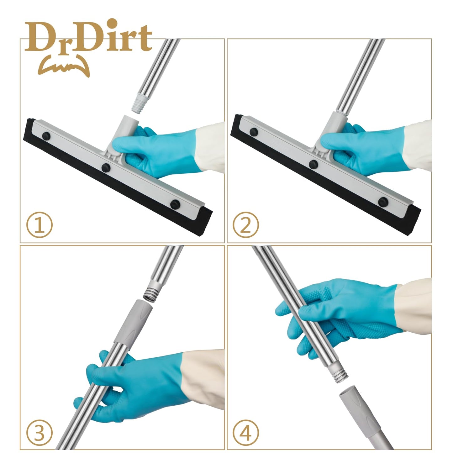DrDirt Floor Squeegee, 14-Inch Swivel Squeegee Head, Replaceable Foam Rubber Blade, 3-Section Stainless Steel Pole, for Bathroom, Kitchen, Pet Hair, and Carpet - Medaid International
