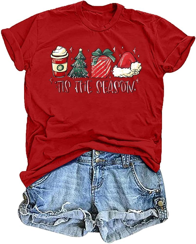 Christmas Shirt Women Tis The Season Christmas Tree T Shirt Latte Coffee Graphic Xmas Holiday Tee Tops - Medaid International