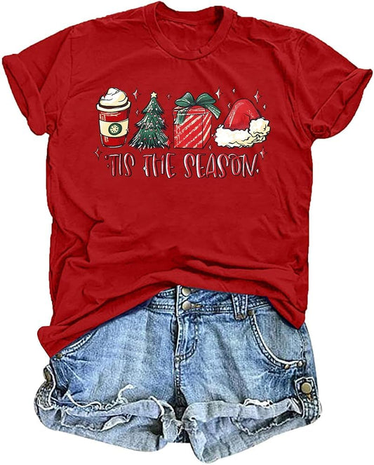 Christmas Shirt Women Tis The Season Christmas Tree T Shirt Latte Coffee Graphic Xmas Holiday Tee Tops - Medaid International