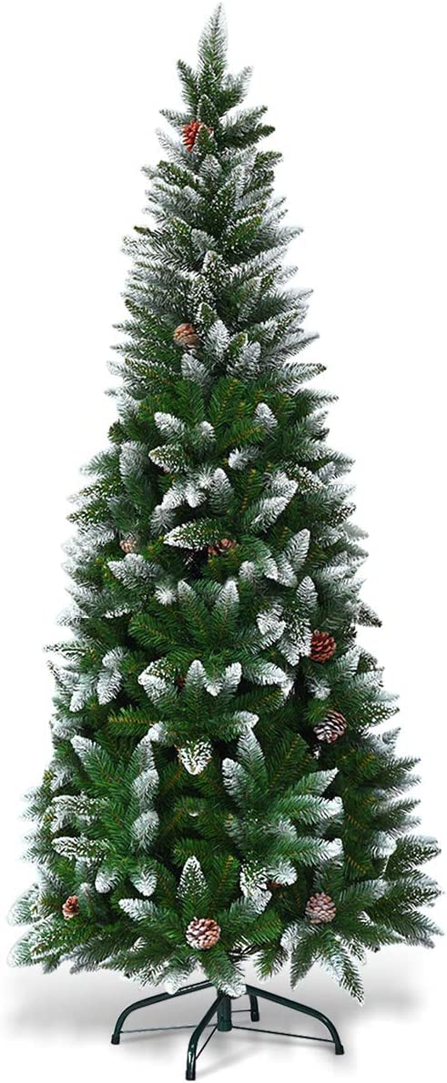 SPSUPE Artificial Pencil Christmas Tree, Snow Flocked Tree with Metal Stand, Pine Cones Decoration, Ideal for Festival Indoor Outdoor Décor (5 ft) (Christmas Tree) - Medaid International