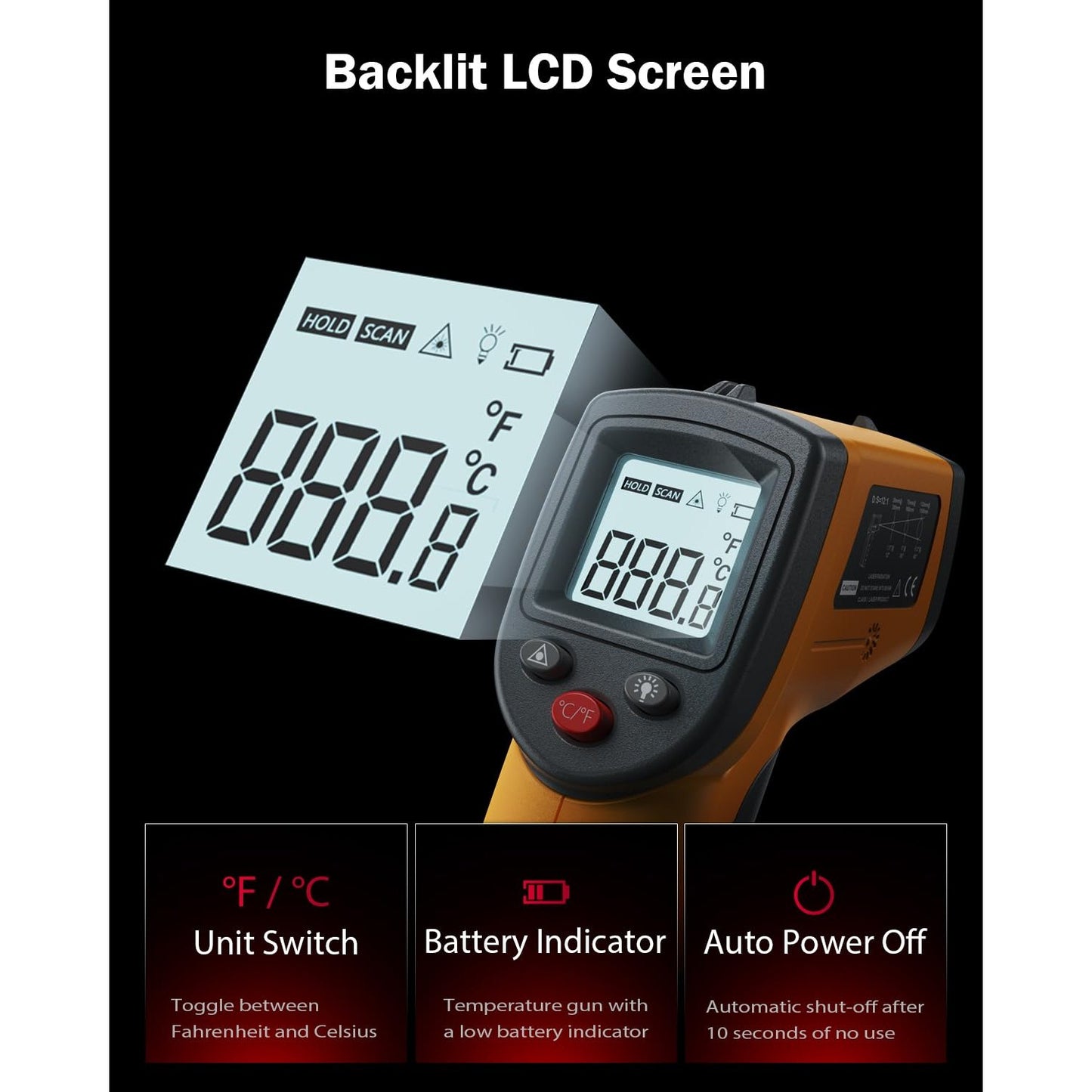 Benetech Infrared Thermometer Laser Temperature Gun, Digital Surface Heat Temp Gun Non-Contact for Cooking Food, Pizza Oven, Griddle Meat, Refrigerator, HVAC, Grill, Engine -58℉~986℉ (GS320) - Medaid International