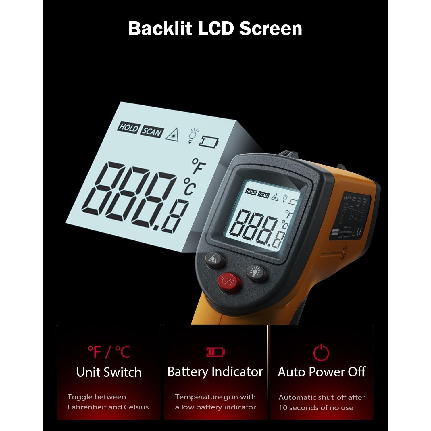 Benetech Infrared Thermometer Laser Temperature Gun, Digital Surface Heat Temp Gun Non-Contact for Cooking Food, Pizza Oven, Griddle Meat, Refrigerator, HVAC, Grill, Engine -58℉~986℉ (GS320) - Medaid International
