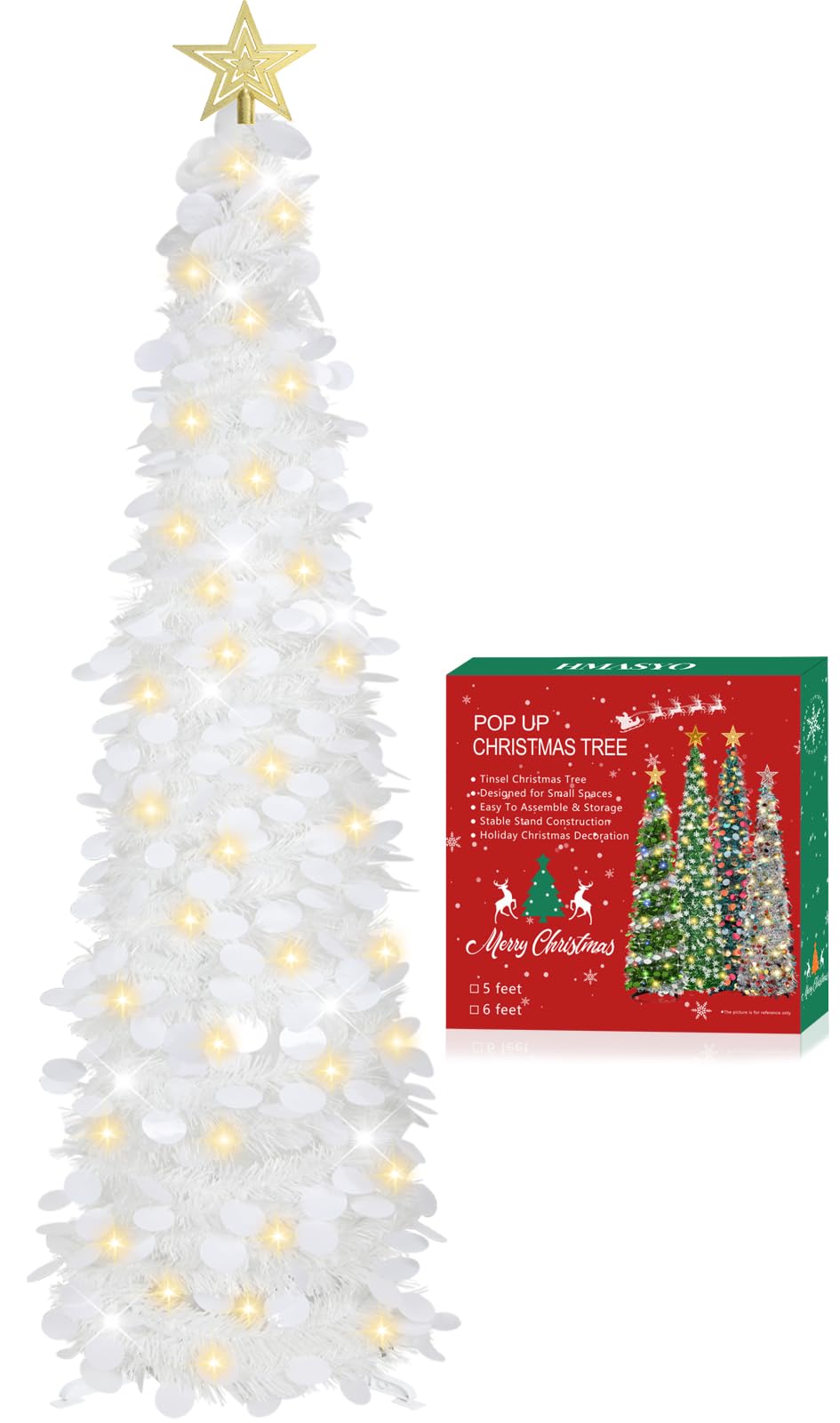 HMASYO 5 FT Pop Up Christmas Tree with Timer Lights, White Christmas Tinsel Tree, Collapsible Artificial Pencil Christmas Tree for Indoor Home Apartment Porch Holiday Party Decorations - Medaid International