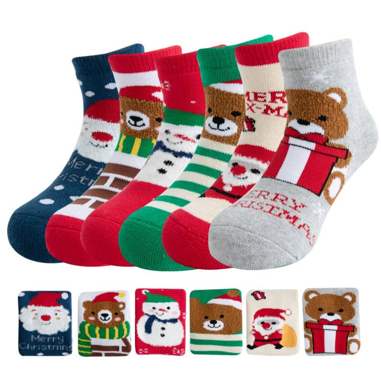 Yvinak Christmas Socks for Kids Toddlers - Xmas Holiday Crew Socks for Boys and Girls - Winter Warm Socks 6 Pairs - Medaid International