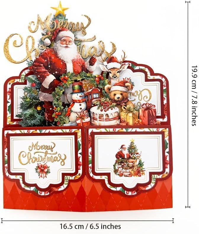 Vintage 4-Layer Christmas Greeting Card with Santa Claus, Reindeer & Tree Design - Paper Holiday Card with Envelope, Festive Holiday Party Invitation for Friends & Family - Medaid International