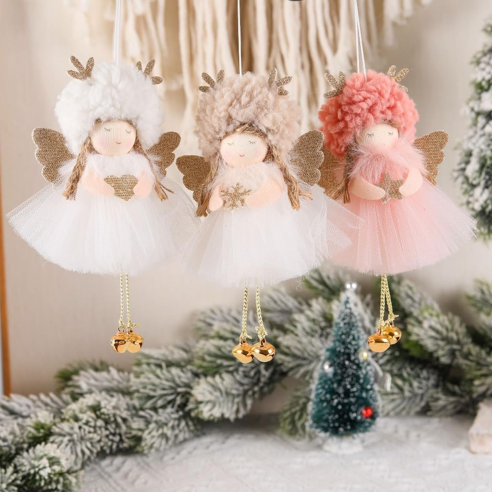 1PC Christmas Plush Angel Doll Christmas Tree Pendant Decoration with Bell Festive Home Xmas Decoration Gifts,16 * 10cm (Pink) - Medaid International
