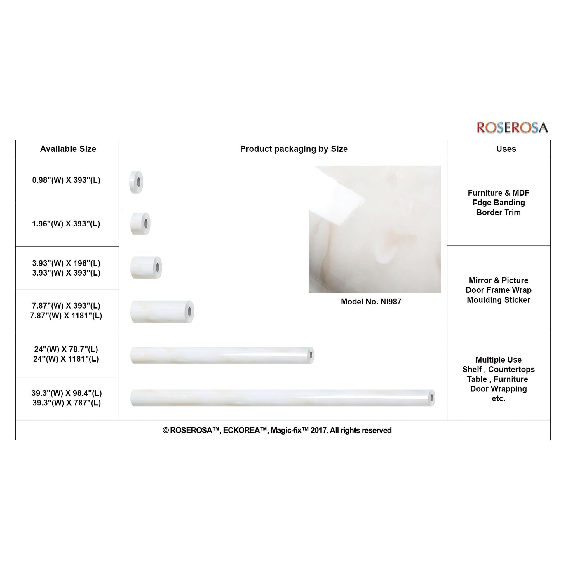 ROSEROSA Peel and Stick Glossy Faux Marble Self-Adhesive Wallpaper Door Wrap Countertop Moulding Trim NI987 - Medaid International