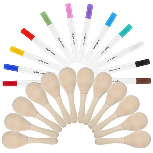 Milisten 12pcs Unfinished Wooden Maracas with Paint Pens, DIY Mini Wood Maracas Blank, Egg Shaker Rattle Orff Hand Percussion Musical Instrument for Halloween Christmas Party Decor - Medaid International