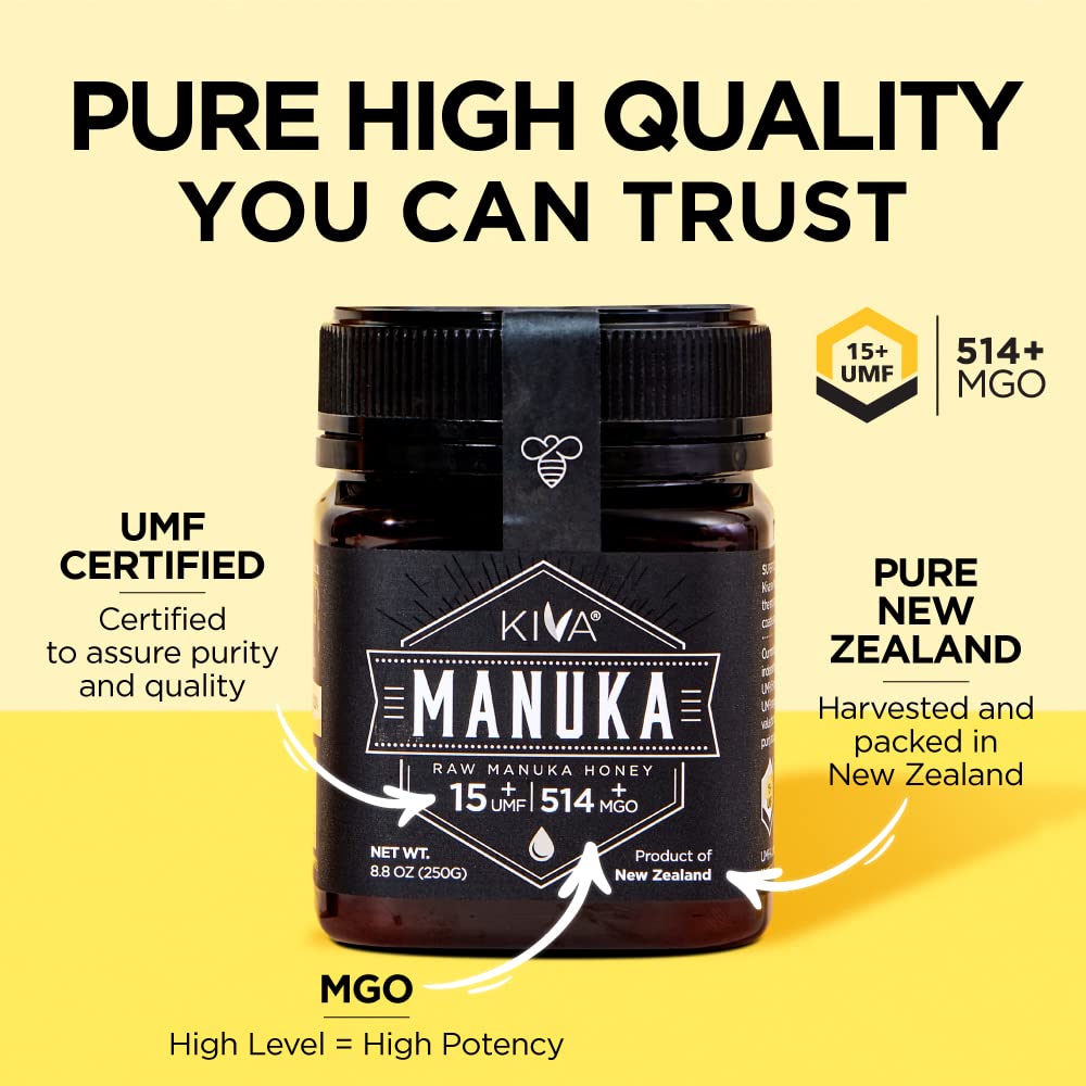 Kiva Raw Manuka Honey - Certified UMF 15+, MGO 514+ 100% Pure Genuine New Zealand, Non-GMO, Traceable (8.8oz/250g Bottle) - Medaid International