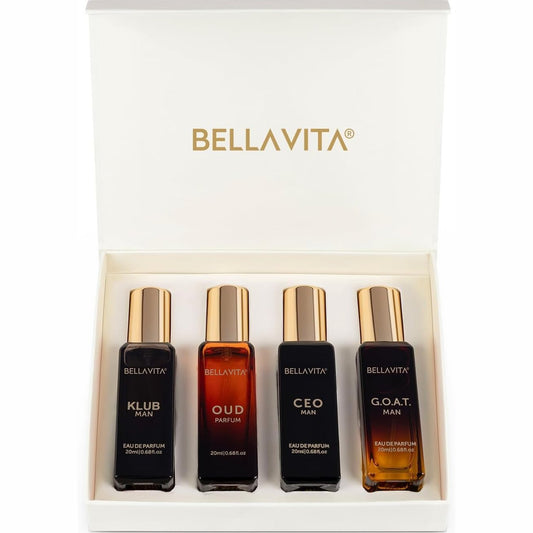 Bella Vita Luxury Long Lasting Perfume Gift Set for Man | 4x20ml | Gifts for Men | Woody, Citrusy, Oud, Premium Fragrance Scent | KLUB, OUD, CEO, G.O.A.T - Medaid International