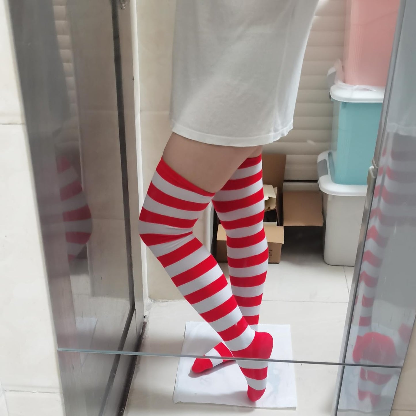 SYYWLYAP Red White Striped Sock Long Thigh High Athletic Sport Over Knee High Sock Halloween Christmas Stockings Red+White Stripe - Medaid International