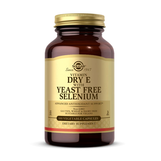 Solgar Dry Vitamin E with Yeast-Free Selenium - 100 Vegetable Capsules - Advanced Antioxidant Support - Non-GMO, Vegan, Gluten Free, Dairy Free, Kosher - 50 Servings - Medaid International