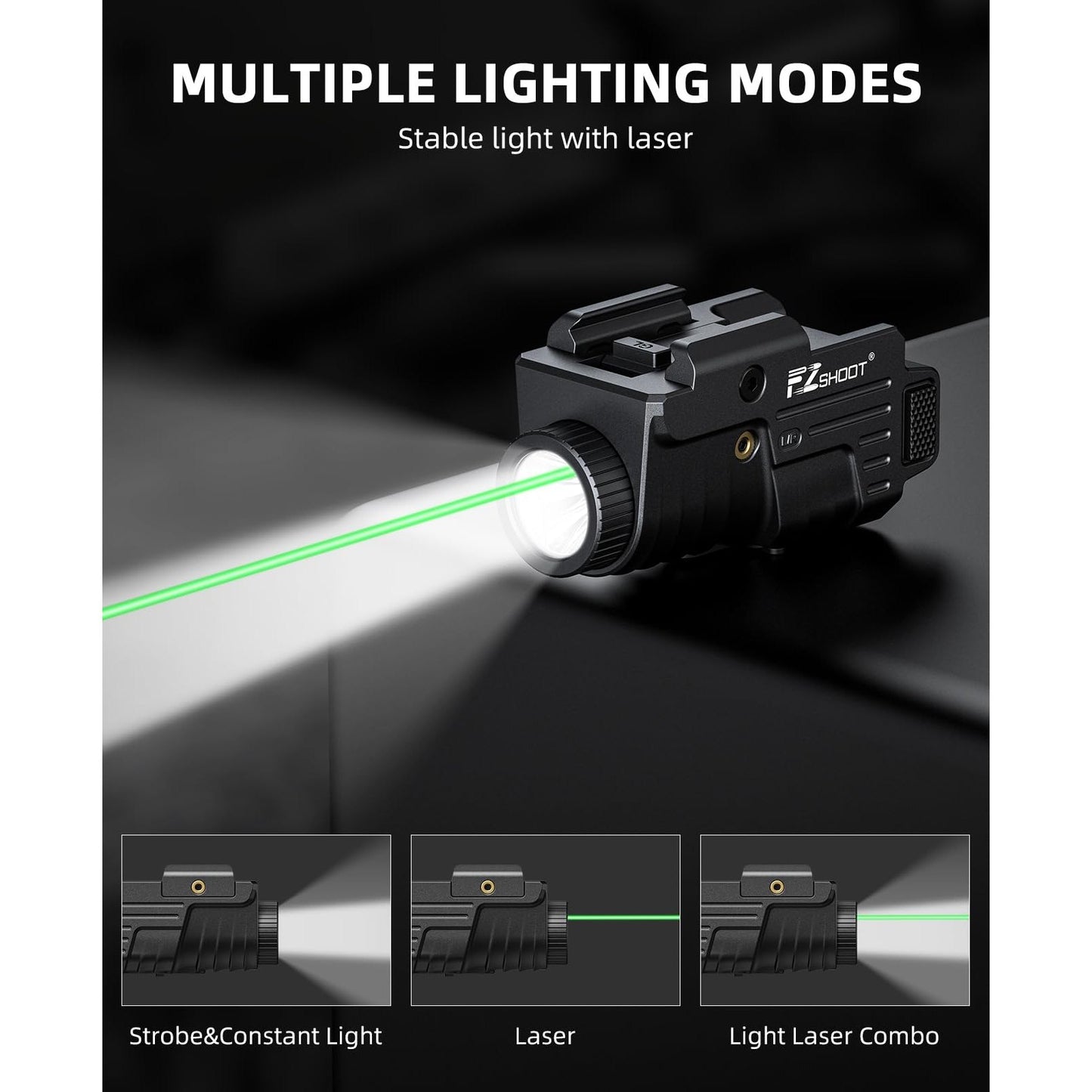 EZshoot 800 Lumens Pistol Light Laser Combo Rechargeable, Pistol Flashlight with Slidable Rail Compatible with Glock and Picatinny Rail, Tactical Flashlight with Green Laser Beam - Medaid International