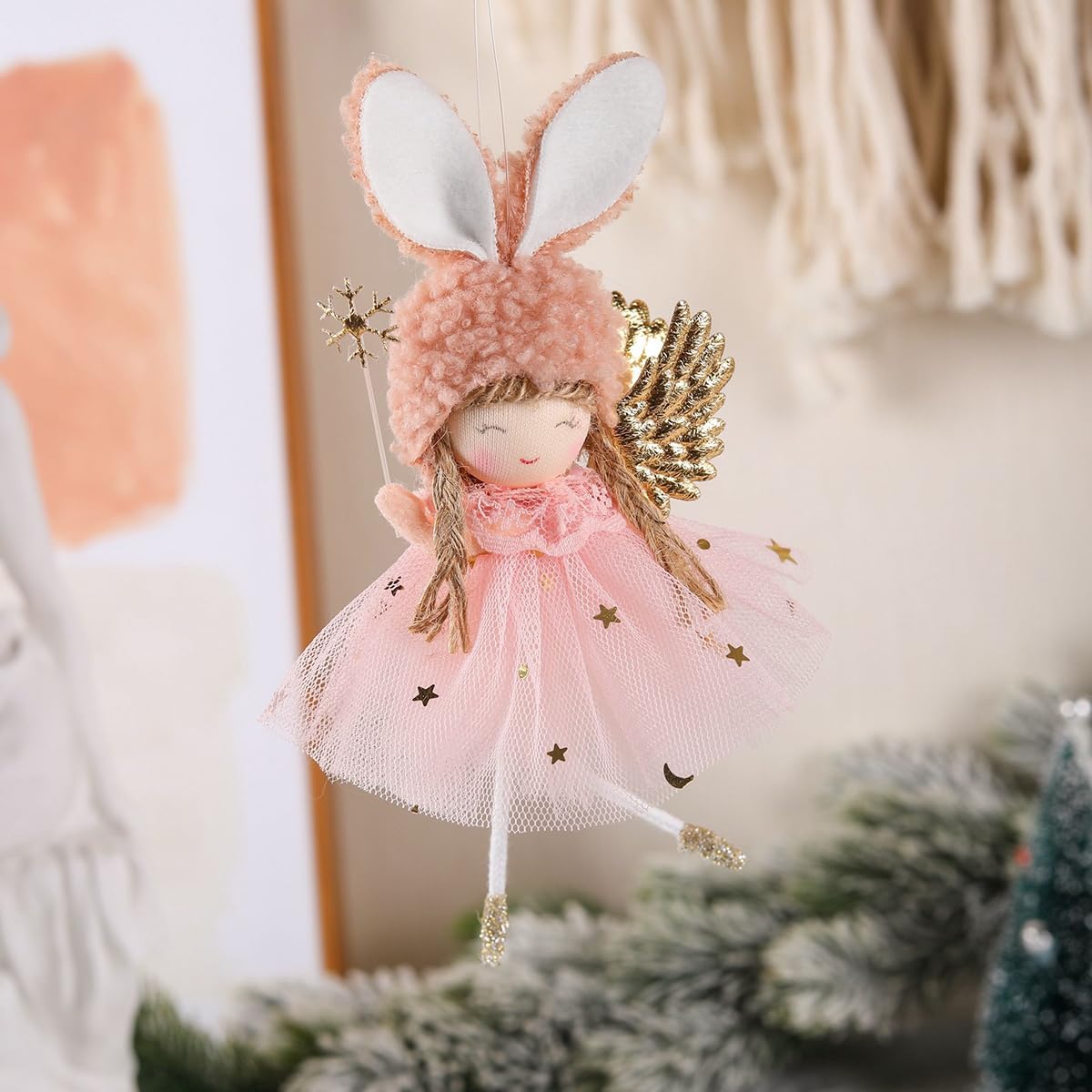 2 Pcs Merry Christmas Plush Angel Hanging Ornaments with Snowflake Glittering Wings Gauze Skirt Fluffy Decorations for Christmas Tree Fireplace and Holiday Display Xmas Indoor Party Supplies 6 Inch - Medaid International