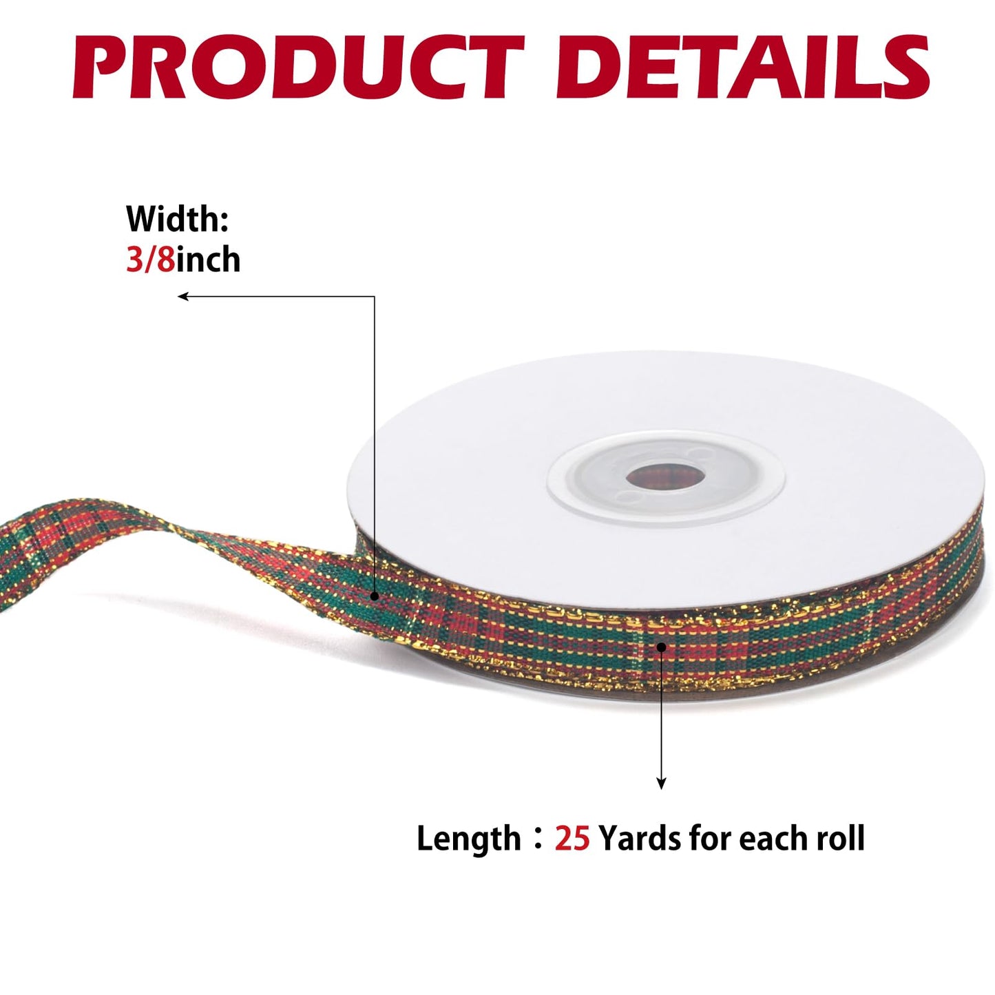 GHGMAO Red and Green Gingham Ribbon, Christmas Plaid Ribbon 3/8 INCH x 25 Yards, Polyester Fabric Grosgrain Stripe Checkered Ribbons for Gift Wrapping, Christmas Wreath, Tree Decor, Bow Making - Medaid International